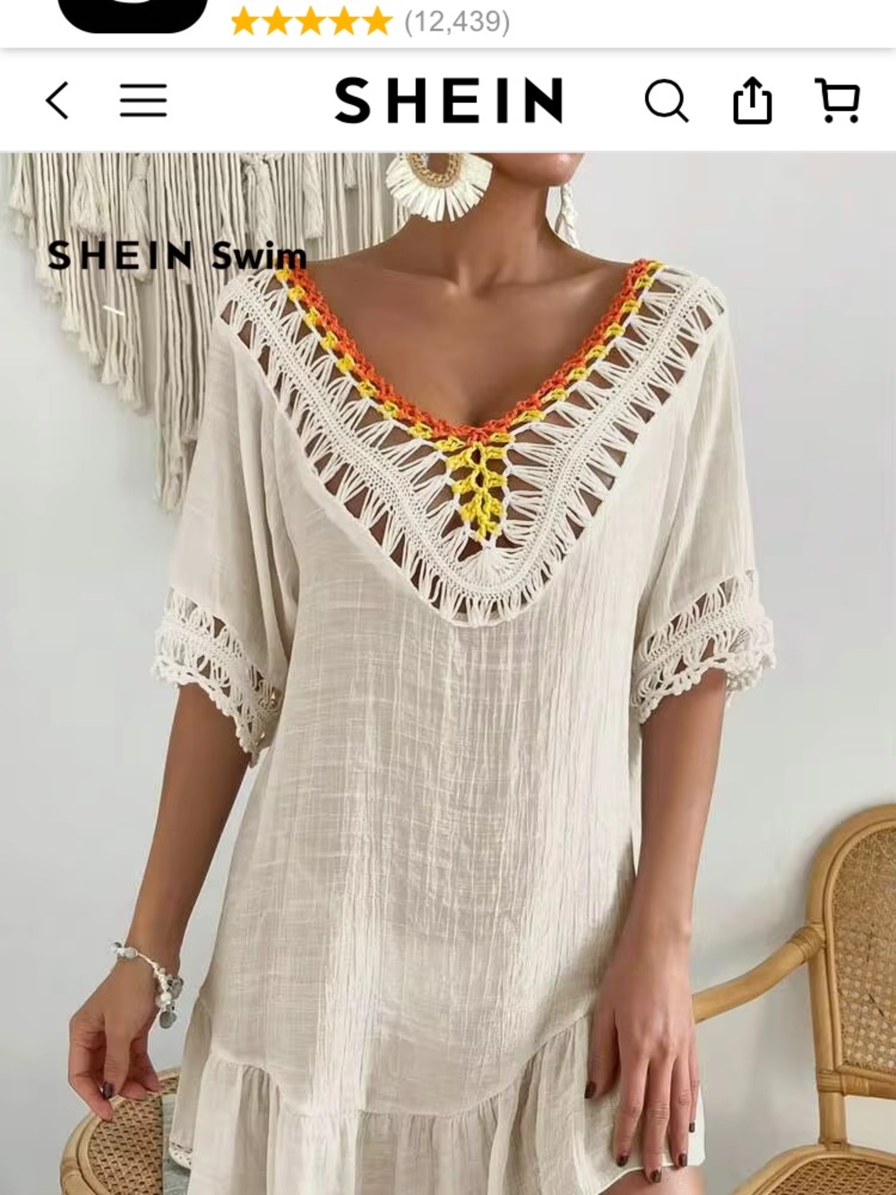 SHEIN Cream Crochet-Trim Mini Dress with Orange & Yellow Accents